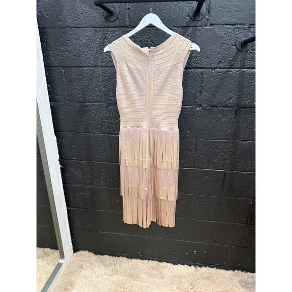 HERVE LEGER Paris V NECK FOIL FRINGED MIDI DRESS - Picture 6 of 9